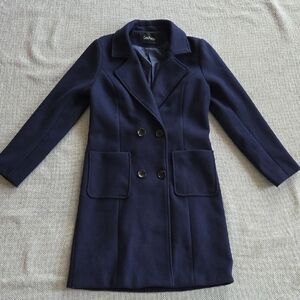 Chou Yatou Classic Notched Collar Double Breasted Wool Blend Pea Coat, Small